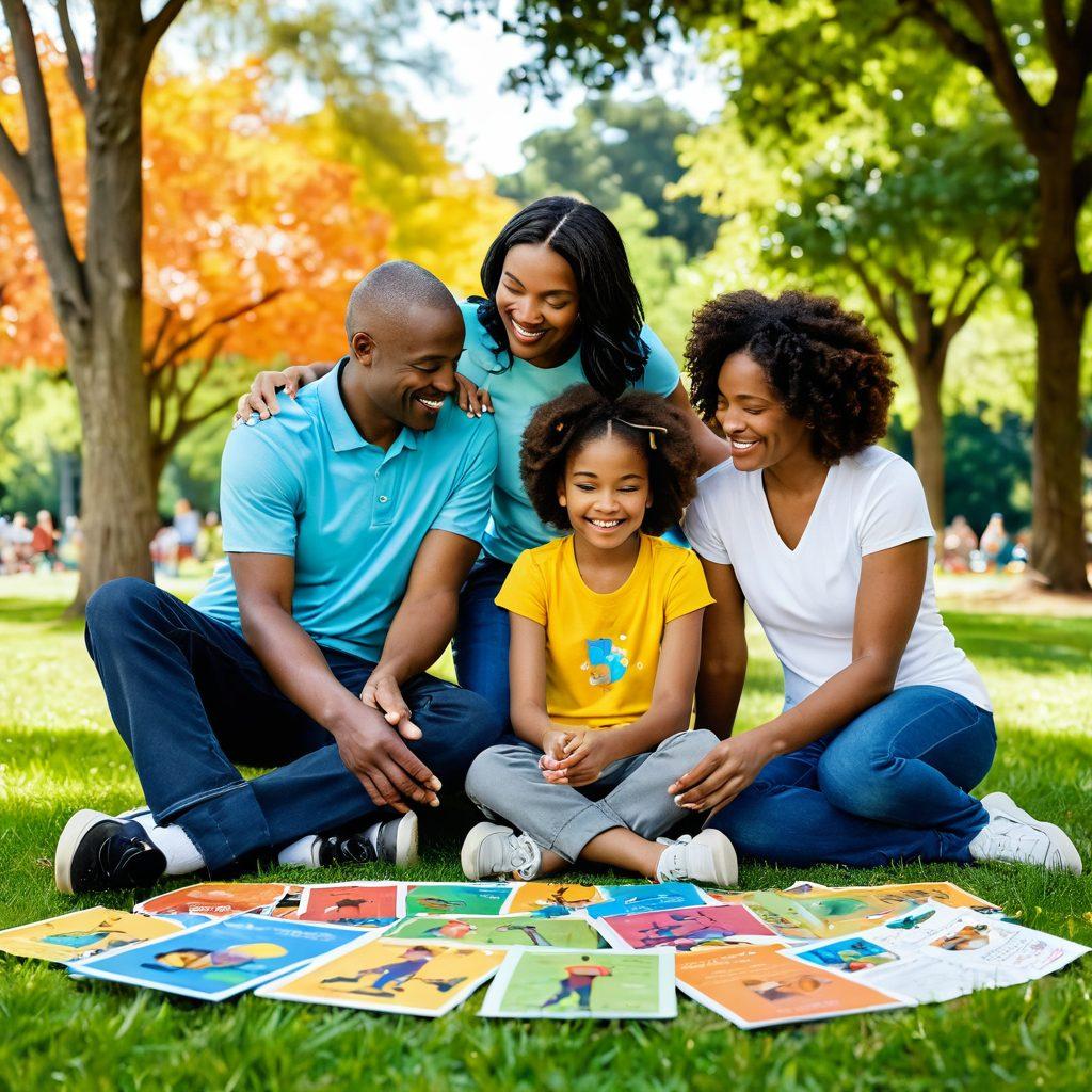A composition showcasing a diverse family supporting a child with autism in a vibrant park setting, featuring resource pamphlets and inclusive community activities happening around them. The family is engaged in joyful interaction, emphasizing love and understanding. The background includes symbols of community and accessibility. super-realistic. vibrant colors. warm and welcoming atmosphere.