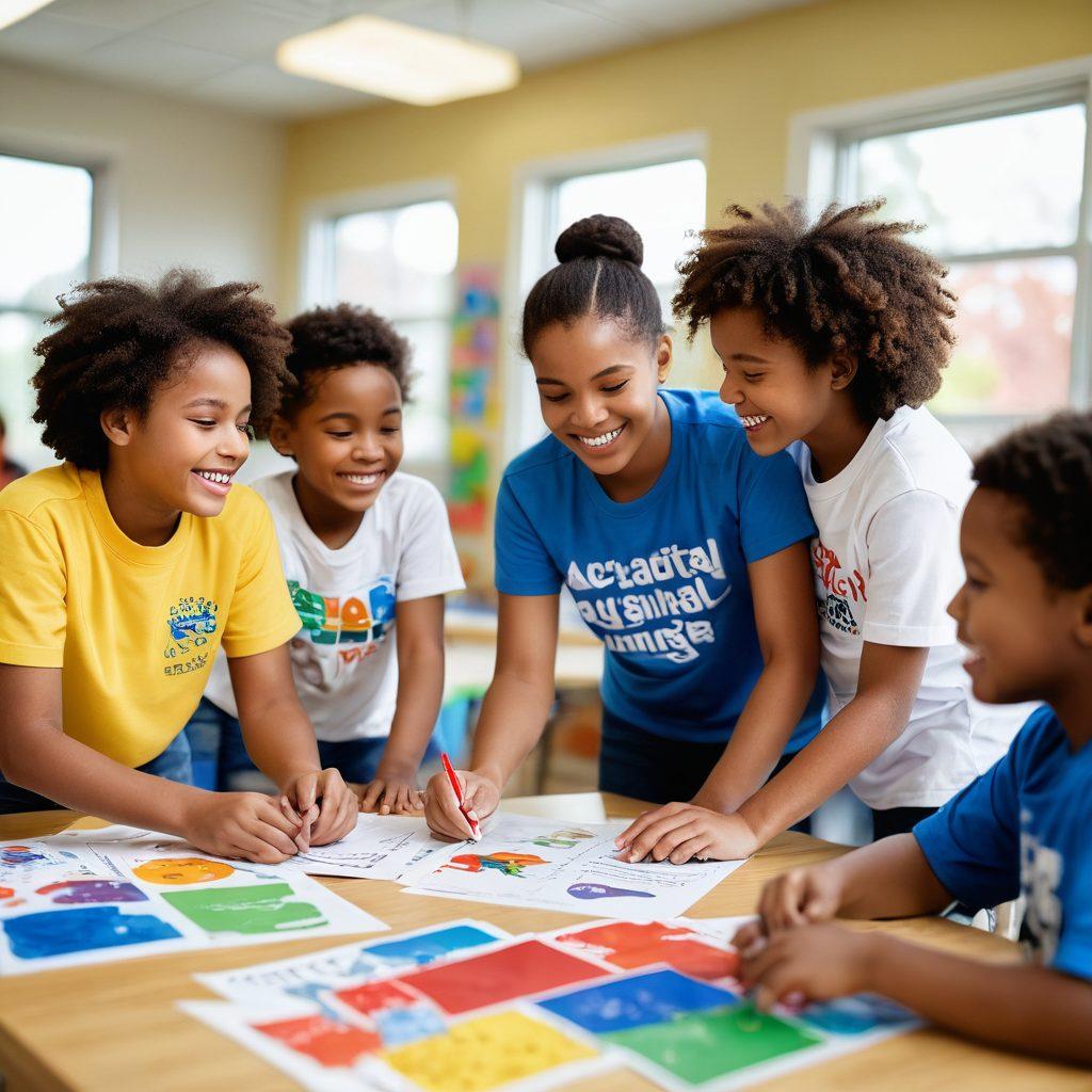 A diverse group of children with autism engaged in creative learning activities in a bright and welcoming classroom. Empowering visuals include inspirational posters on the walls promoting mental wellness and advocacy. Soft natural light pouring in through large windows illuminates their joy and collaboration. A caring teacher actively supports them with engaging materials. Create a warm and vibrant atmosphere. super-realistic. vibrant colors. soft focus.
